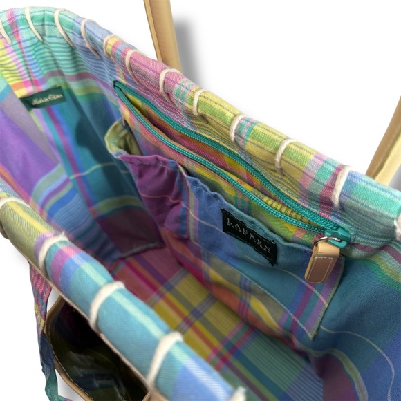 Lauren Ralph Lauren Madras Plaid Straw Tote Bag Canvas Beach Bag Preppy Vacation - Picture 4 of 8